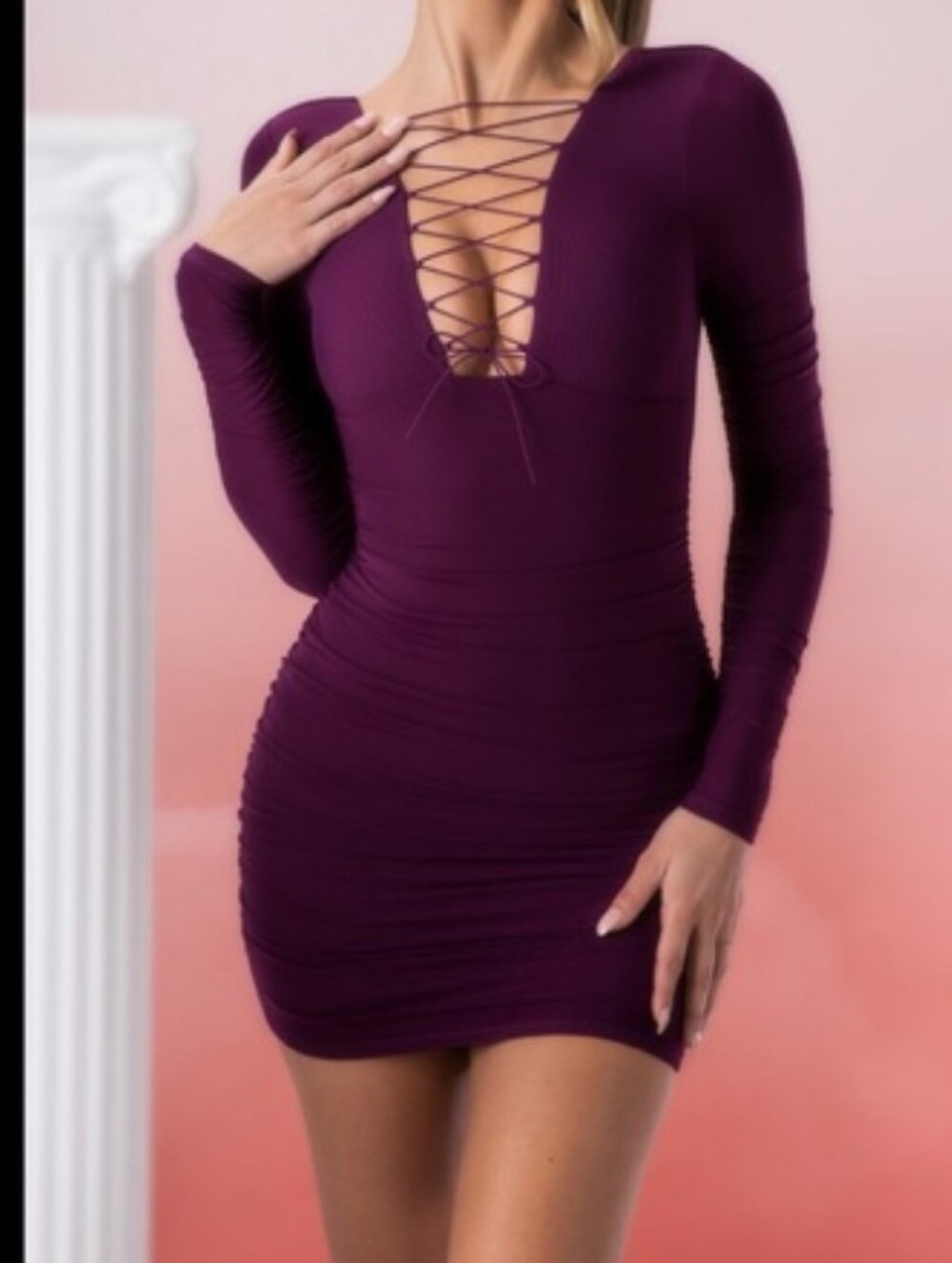 Oh Polly Long Sleeve Lace-Up Plunge Mini Dress in Deep Plum